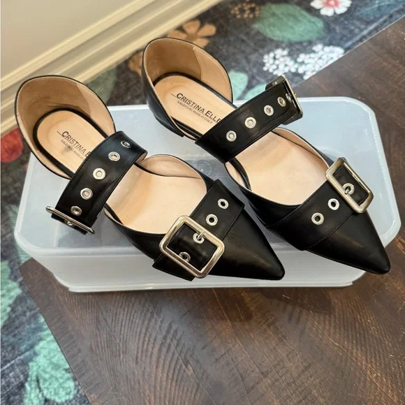 Vero Cuoio Black Leather Pointed Flats with Silver Buckles Made in Italy 9.5 - Picture 9 of 12